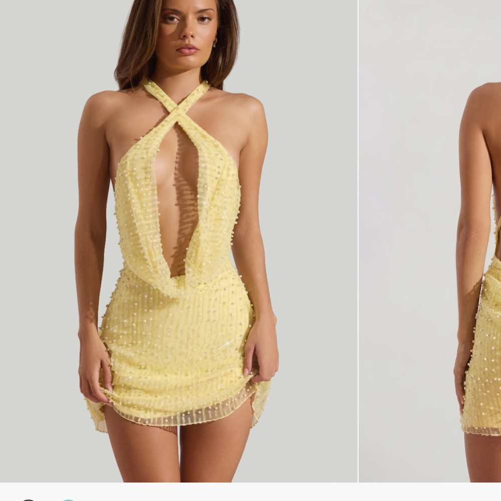 Oh Polly Lemon Yellow Beaded Backless Mini Dress
